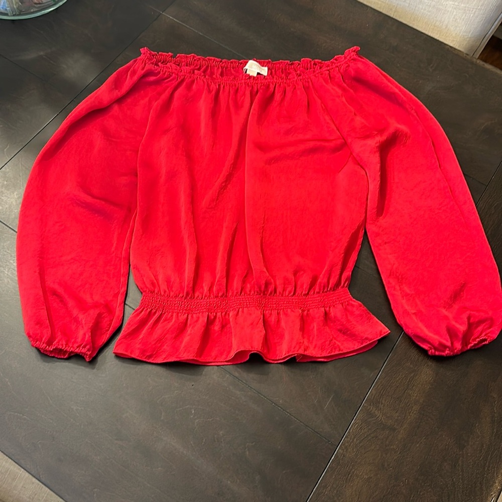 Michael Kors Blouse, Red Silky-Feel Peplum Elastic Neck Long Sleeve Large EUC